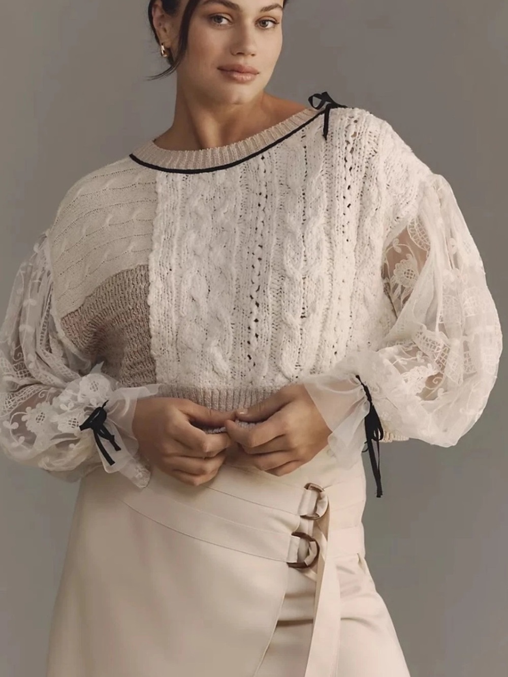 By Anthropologie Lace Cable Twofer Sweater Medium